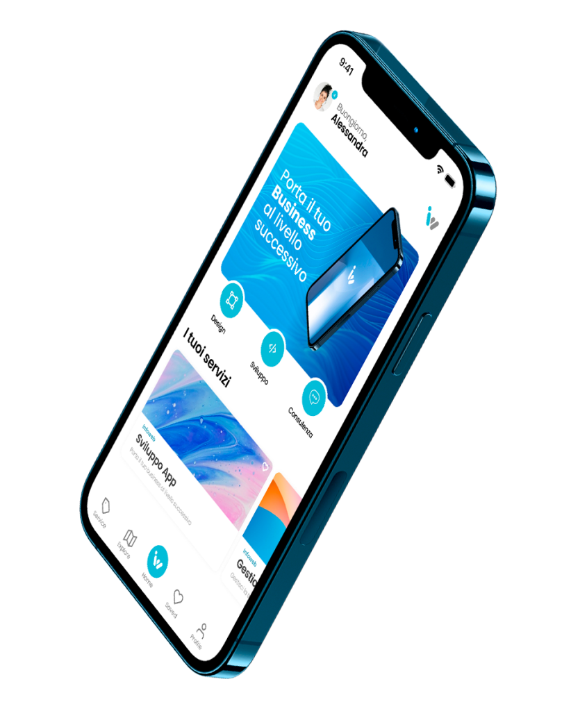 Iphone 13 blu con schermata di sviluppo app infoweb sagl Chiasso